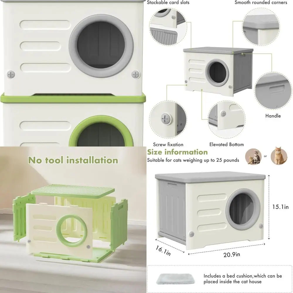 

Durable Weather-Resistant Outdoor Cat Shelter, Insulated Stackable Plastic Den with Cushion for Feral Cats (Green)