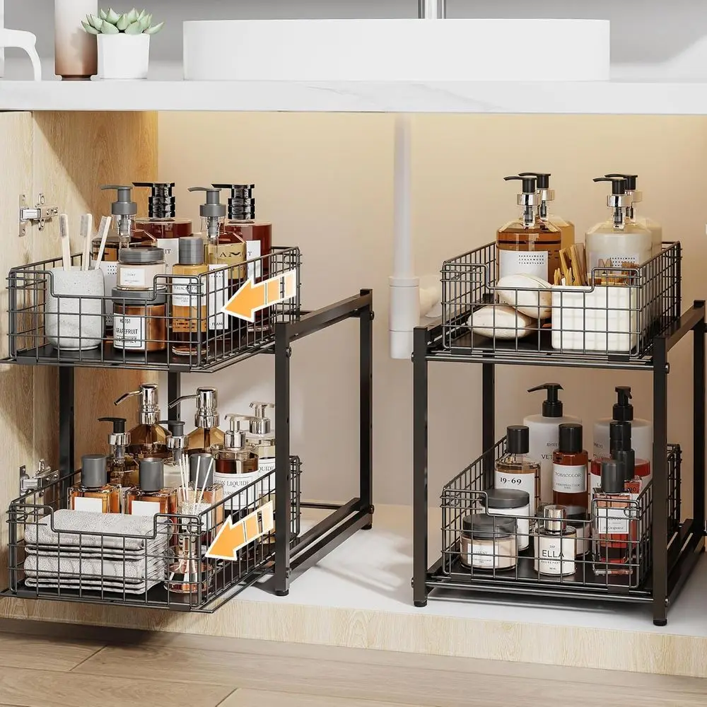 

2-Tier Pull-Out Cabinet Organizer: Kitchen & Bathroom Storage, Multi-Use Sliding Shelves, Set of 2