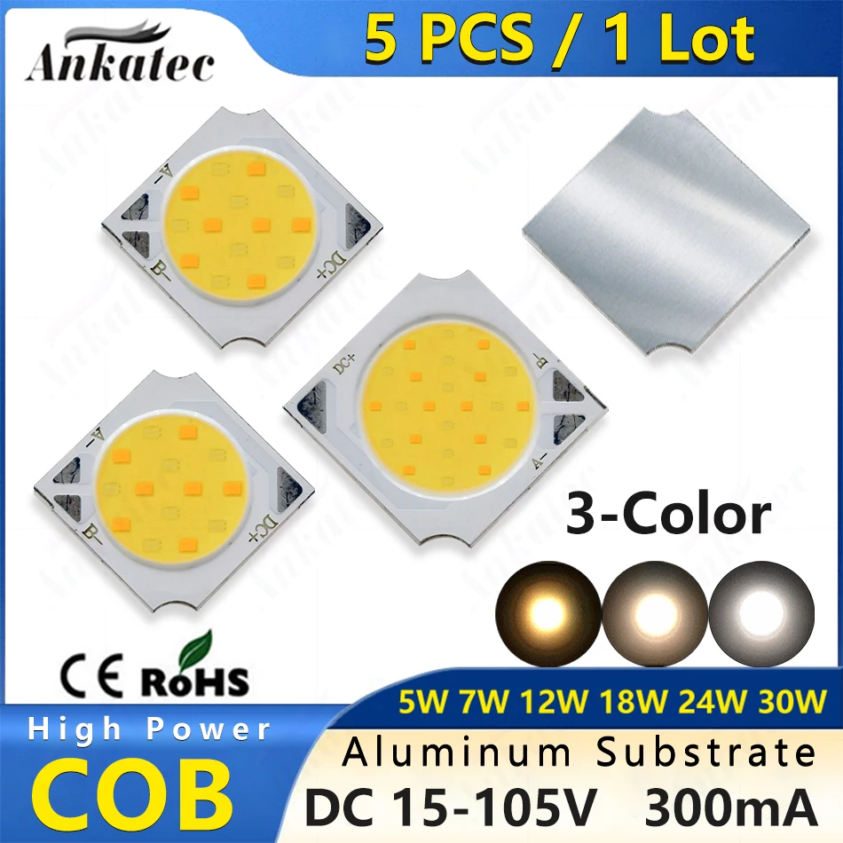 Placa de luz LED COB de 2 colores, 5 piezas, 300mA, 5W, 7W, 12W, 18W, 24W, 30W, CC, 15V-105V, lámpara de sustrato de aluminio, 19mm, 14mm, CCT, 2700K, 4000K 6000K