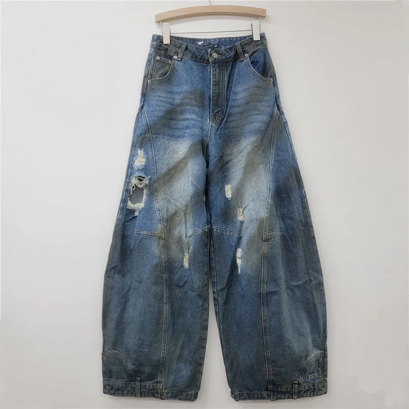 

Женские джинсы в американском ретро-стиле с рваными элементами, свободные, широкие, струящиеся, в пол, для уличной моды, коллекция ранняя весна 2026