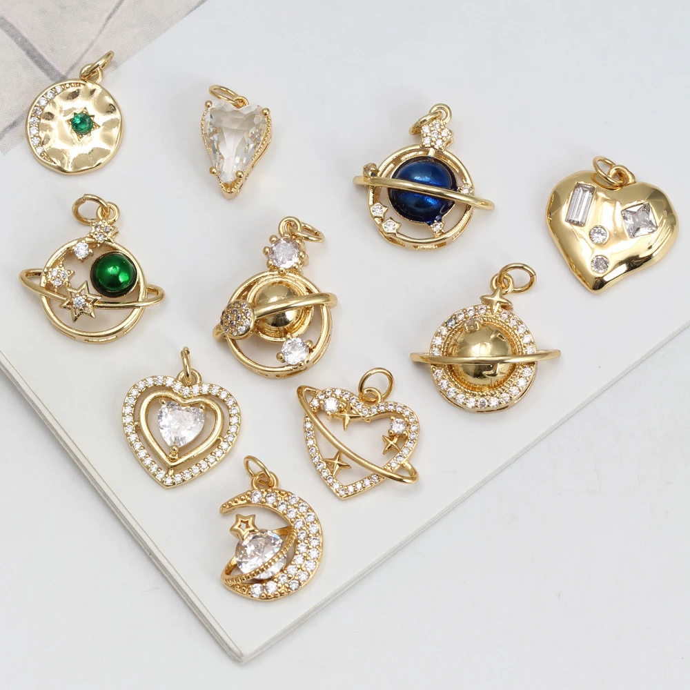 Copper Galaxy Planet Charms High Quality 18K Gold Plated Clear Cubic Zirconia Charms Pendants for DIY Necklace Earrings Bracelet image 3