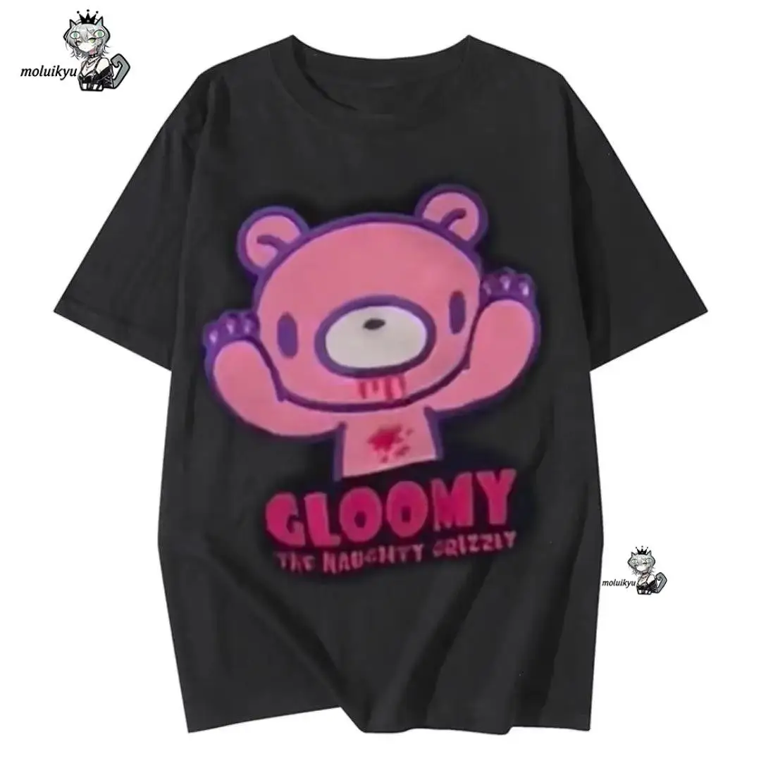 Summer Retro Japanese Rock Visual Dark Zombie Blood Violent Bear Print Loose Pure Cotton Short Sleeve T-Shirt Street Style Top