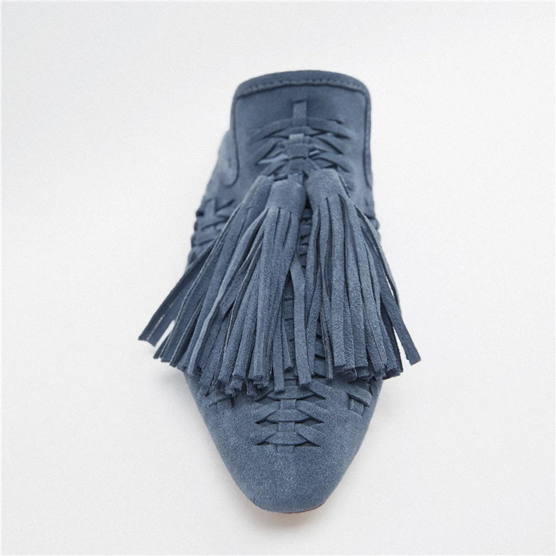 2023 New Genuine Suede leather Oxfords Women Fringe Tassel Slides Mules Streetwear Flat Heel Cut Out Shoes Slippers Plus Size