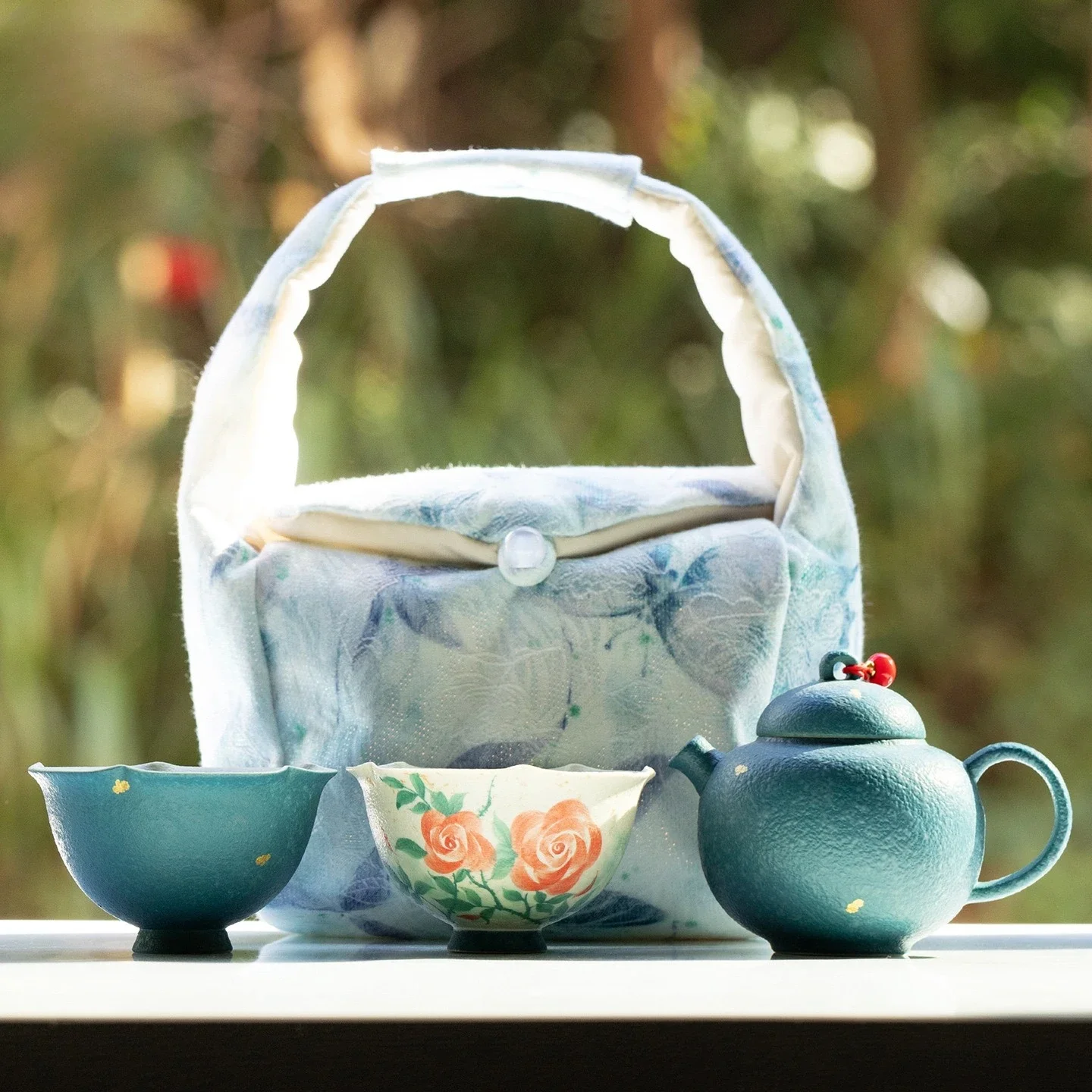 Hand-painted Wisteria Outdoor Camping Travel TeaSet Portable Bag Storage 1 Pot 2 Cups TeaSet Business Trip Travel Bag Decoration