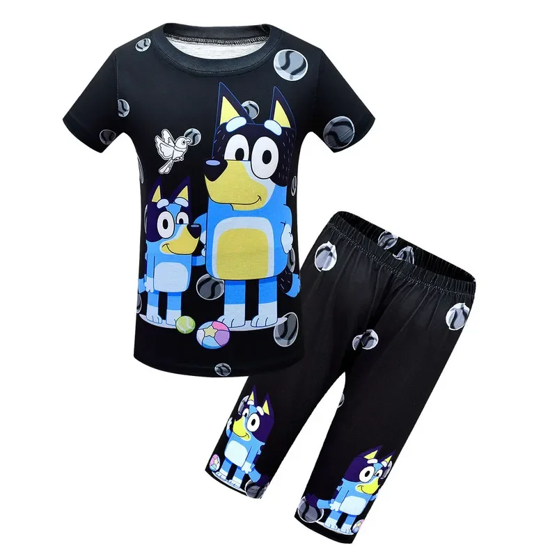 Bluey-Conjunto de camiseta e shorts infantis de manga curta, pijama de família, conjunto solto de duas peças, meninos e meninas