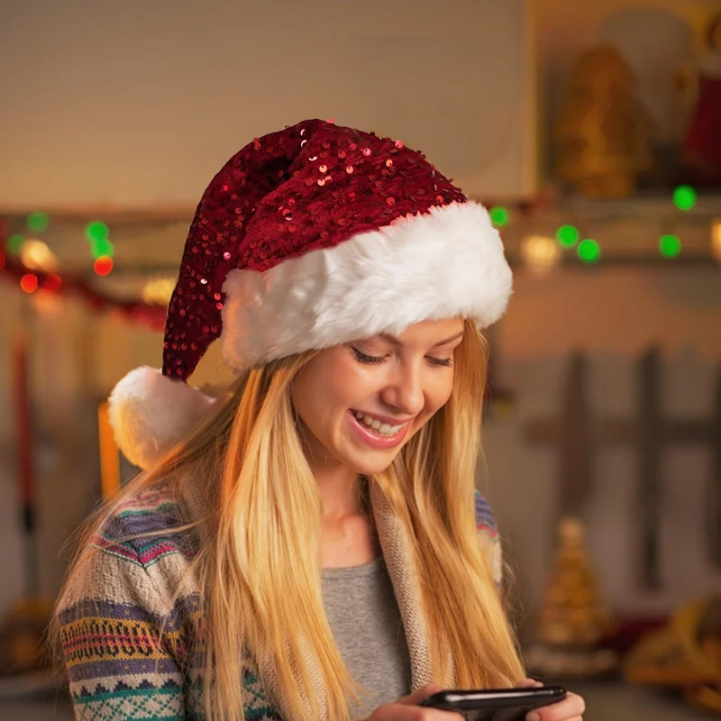 Glitzernde Weihnachtsmannmütze, glitzernde, verdickte Samt-Pailletten, Neujahrs-Weihnachtsmütze, Unisex, weiche Glitzer-Weihnachtsmütze
