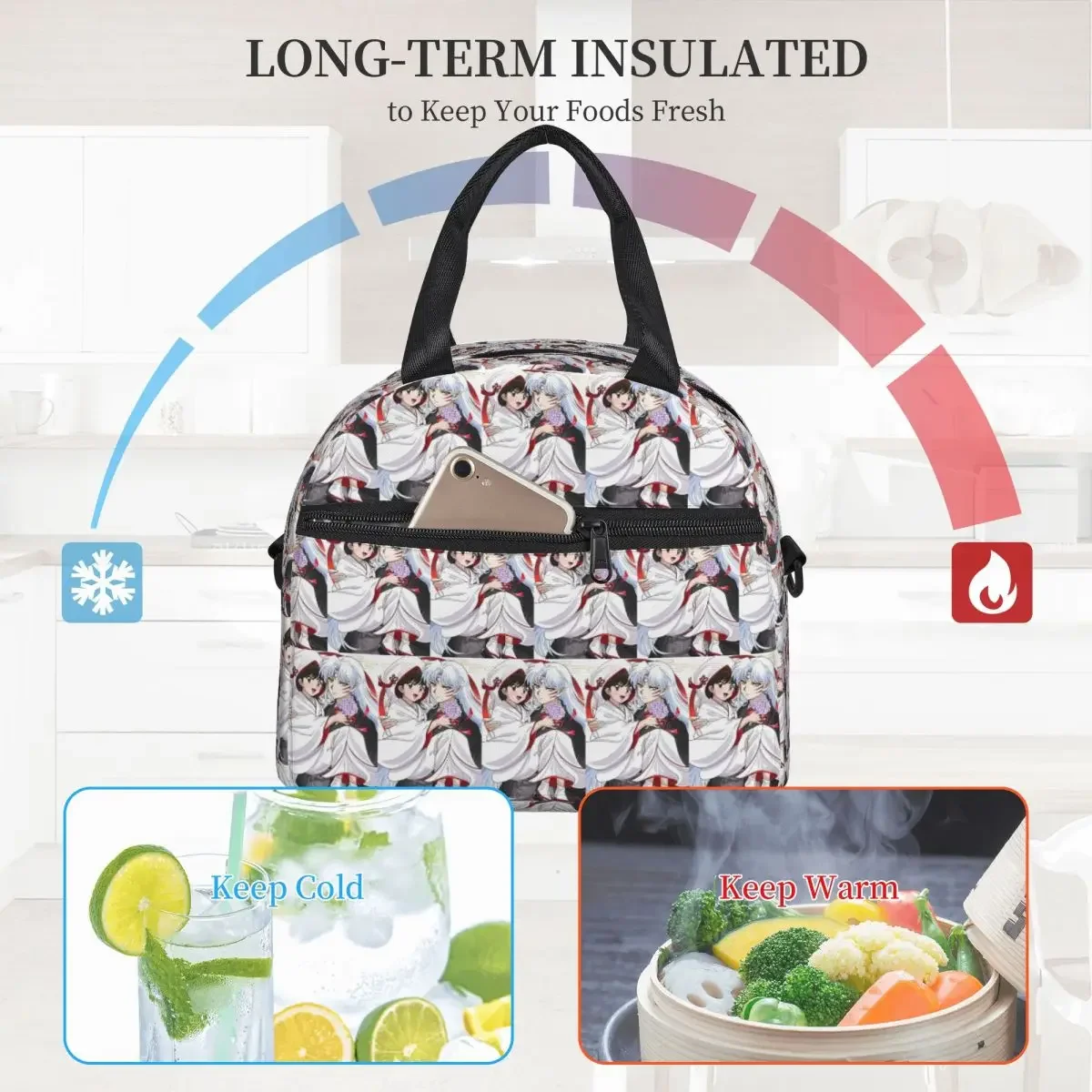 Manga Kimono Inuyasha Sesshomaru Insulated Lunch Bag for Women Kids Portable Food Boxes Thermal Lunch Box Tote view 4