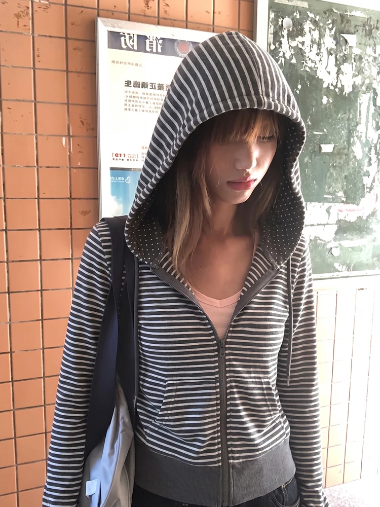 Tonngirls Y2k Japanische gestreifte Kapuzenpullover für Damen, langärmelig, Vintage-Oberteile, Streetwear, amerikanische Retro-Kapuzenpullover mit Reißverschluss, Fairycore 2000er Jahre – Detail 4