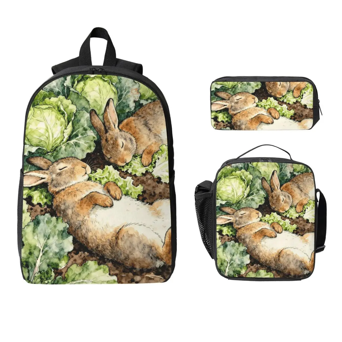 Two Whimsy Rabbit Backpack Boys Girls BookBag School Bag Laptop Shoulder Bags 3ps Insulated Lunch Bag Pencil Case