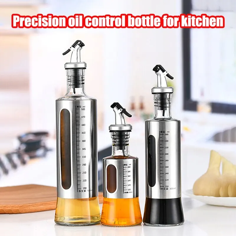 1PC 300ML Kitchen Supplies Stainless Steel Oiler Glass Bottle Scale Visible Oil Pot Seasoning Sauce Bottle Kitchen Supplies