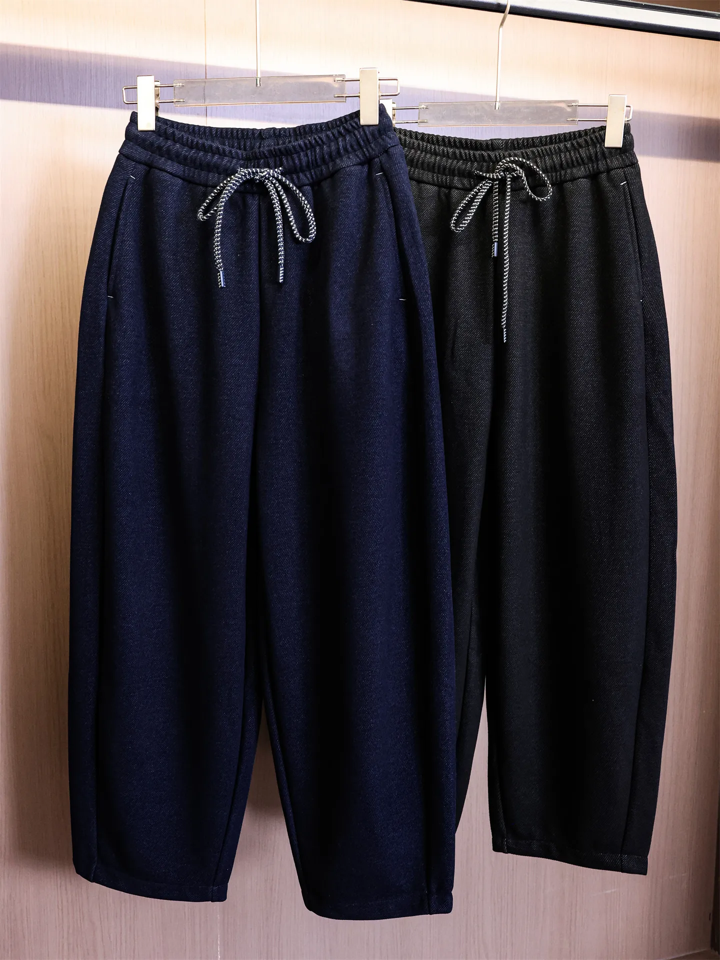 High Waist Drawstring Wide Leg Casual Pants Women's Loose Fit Trousers Pure Color Diagonal Pattern Elastic Waist Pants