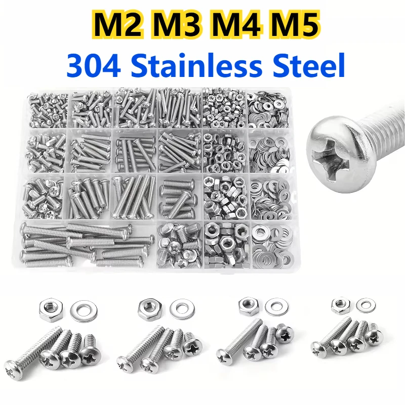 125pcs-570pcs M2 M3 M4 M5 304 Stainless Steel Round Head Cross Small Screw Set Metric Thread Machine Bolt Assortment Kit Set