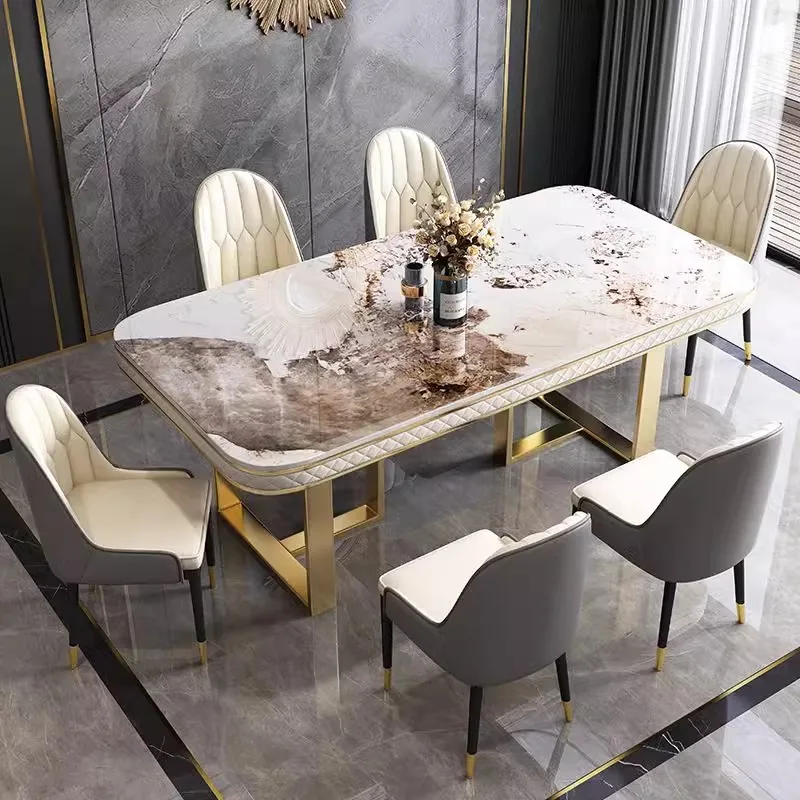 Modern Luxury Rectangle Marble Top Dining Table Chair Set 4 6 8 Seater Stainless Steel Sintered Stone Gold Furniture Designs