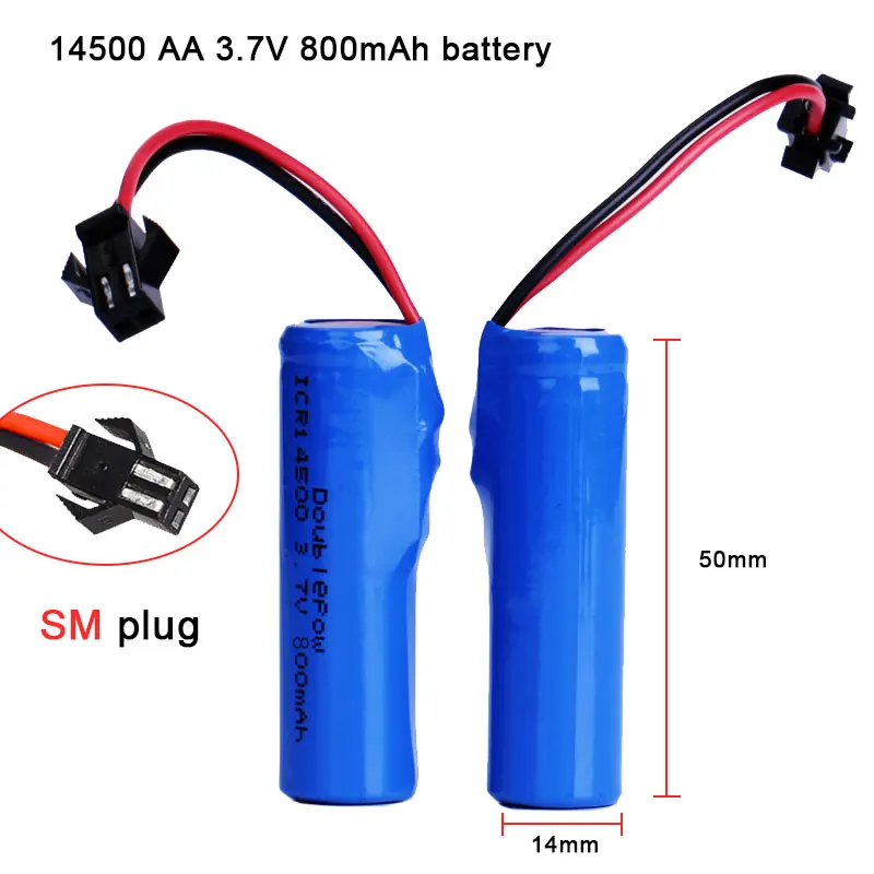 

14500 AA 3.7V Rechargeable Lithium Battery 800mAh Icr14500 Batteries with SM Connector for Remote Control Toy Car Accessories
