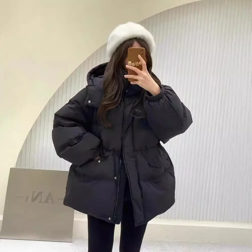 Long Casual Loose Padded Women's Coat with Waist-closing Hooded in Winter 2025 in Korean Version