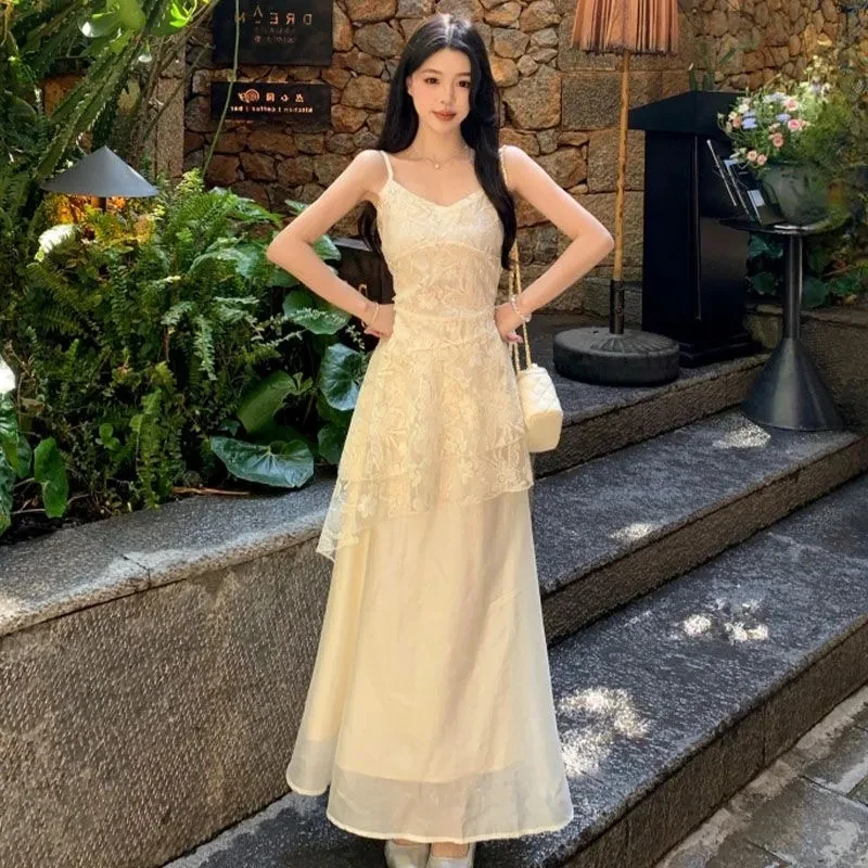 French Elegant Camis Dress for Women Fashion Lace Patchwork Irregular Midi Dress Summer New Beach Vacation Embroidered Vestidos