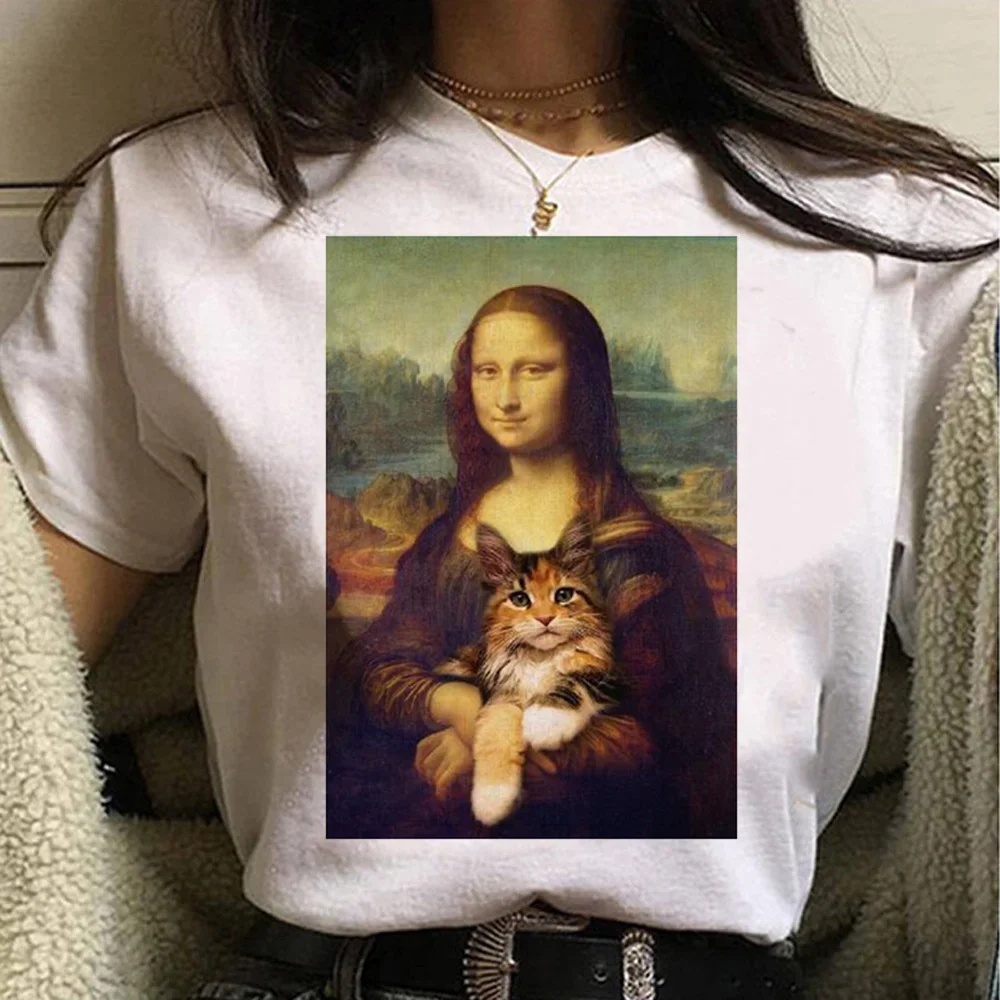 Funny Mona Lisa Picture T-Shirt Women's Spoof Graphic T Shirts Humourous Streetwear Tops Summer Y2k Ladies Blouse Kawaii Clothes