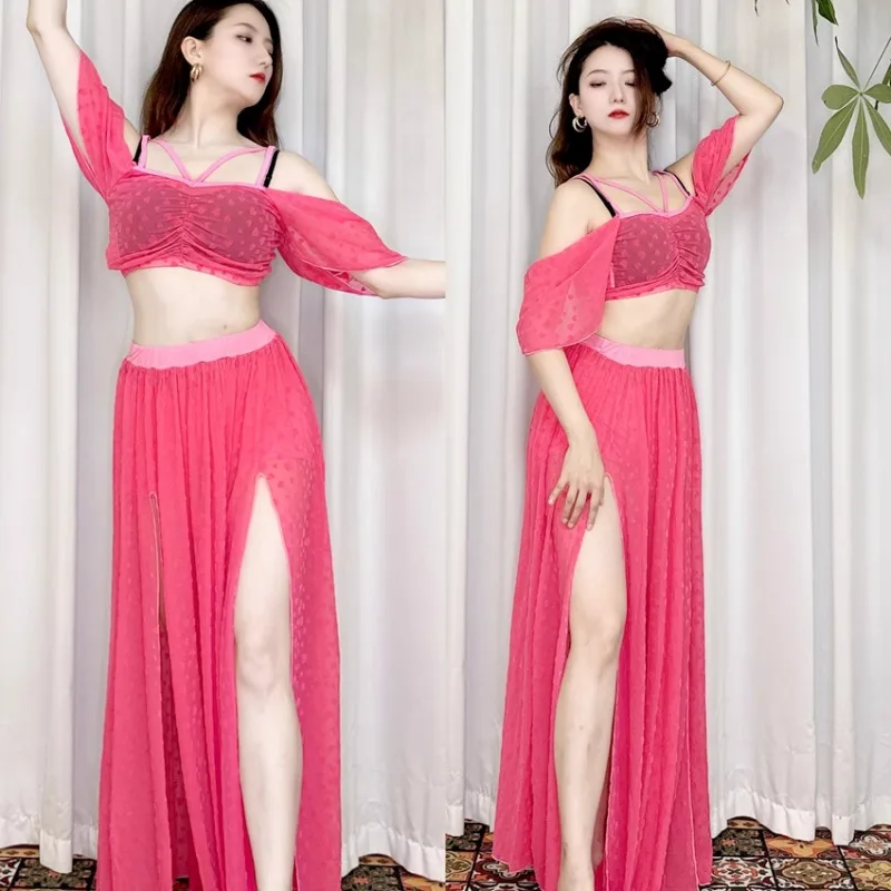 Costumes de danse du ventre Swegal personnalisés, tenue d'entraînement avec maille de velours 3D en forme de cœur, haut à épaules dénudées, jupe à Double fente