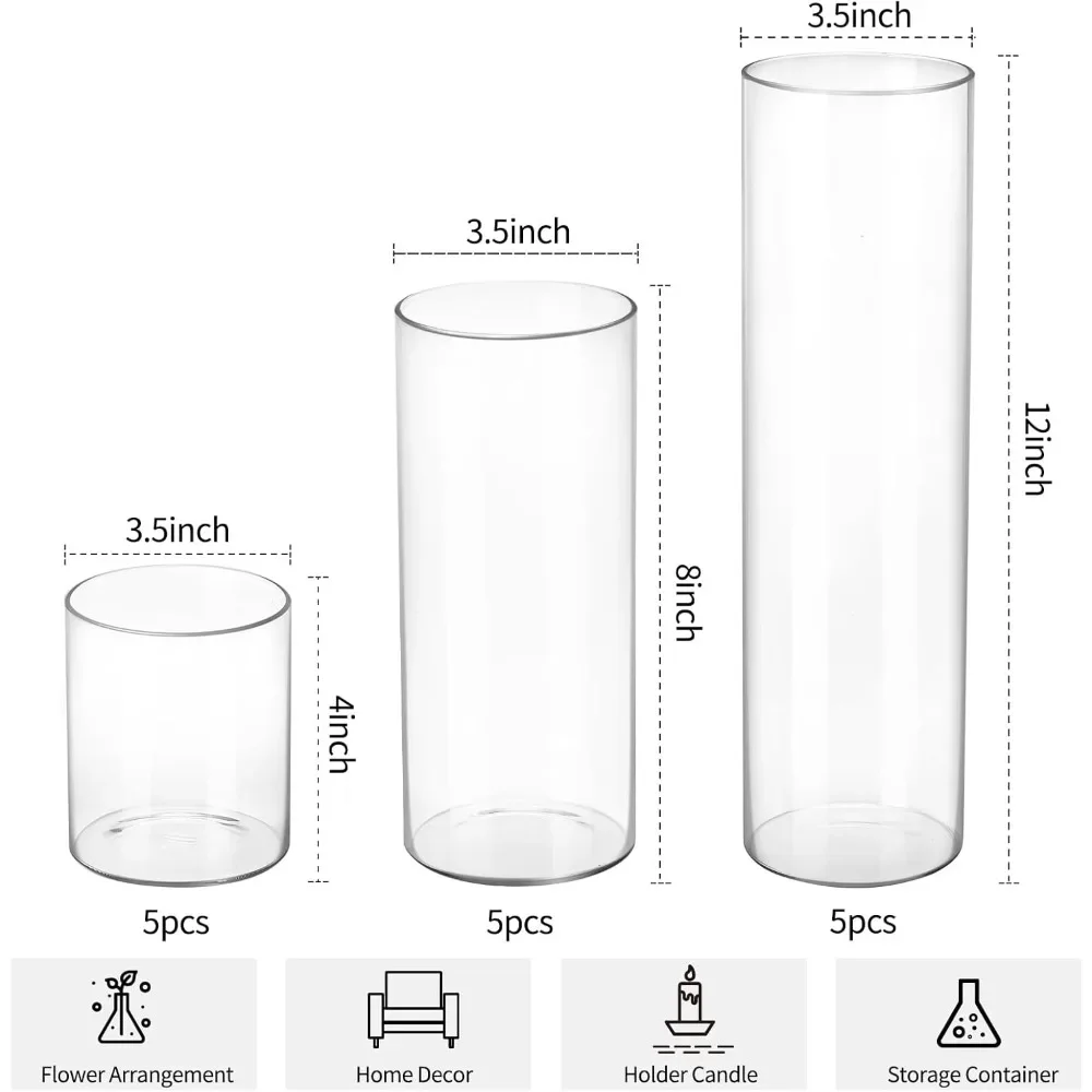 15pcs Glass Cylinder Vase Hurricane Candle Holder Clear 3 Different Sizes Tall Clear Vases , 4, 8, 12 Inches in Height