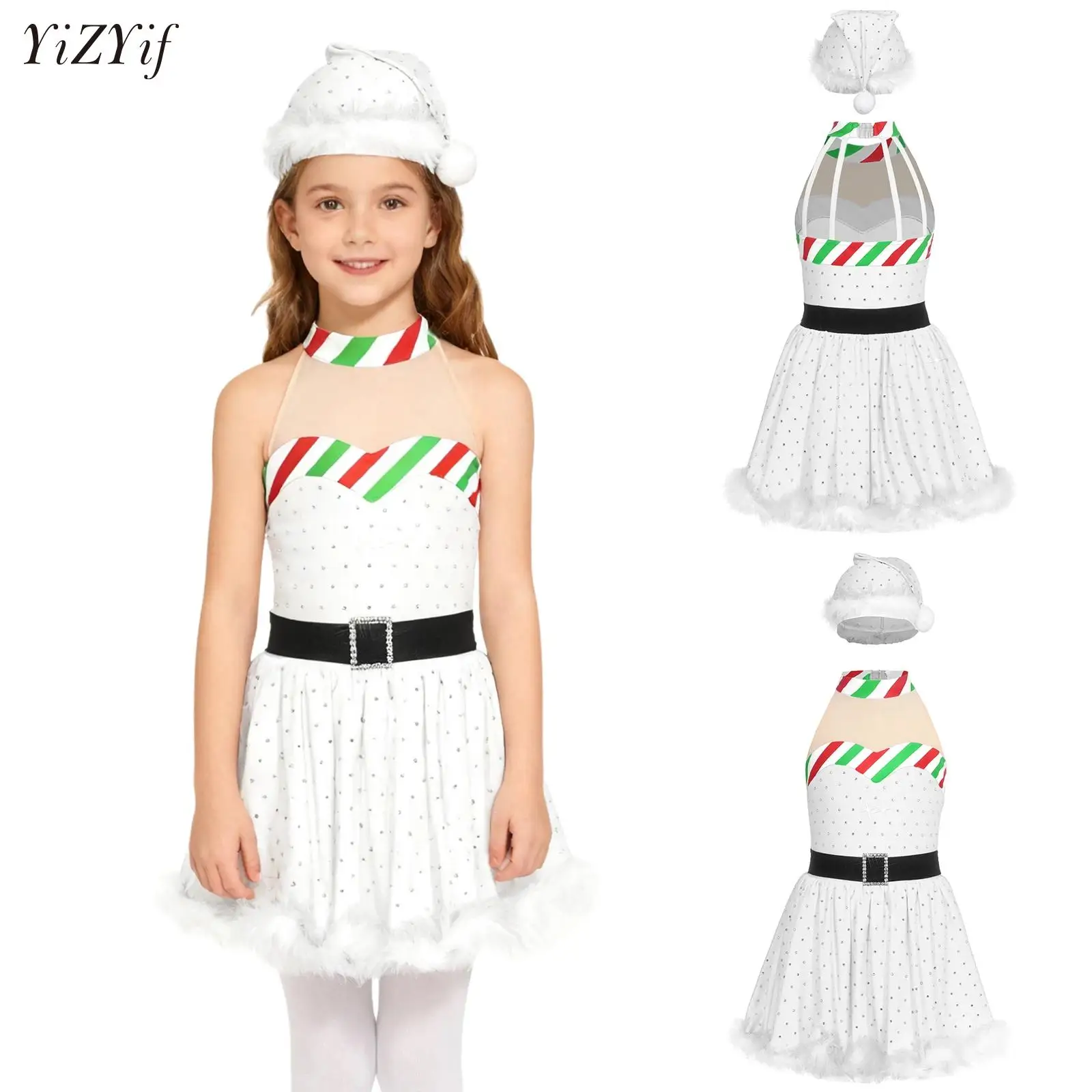 الفتيات الترتر عيد الميلاد سانتا كلوز زي الاطفال عيد الميلاد حزب فستان الأميرة مع قبعة مجموعة الجاز التزلج مرحلة الأداء Dancewear
