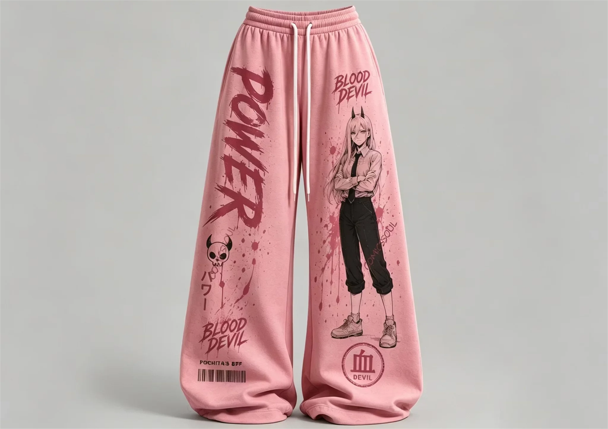 Pink Base Burgundy Ink Horned Lady Baggy Trousers, Light Silky Drawstring Pants for Daily Wear & Dynamic Sketch Art Enthusiasts