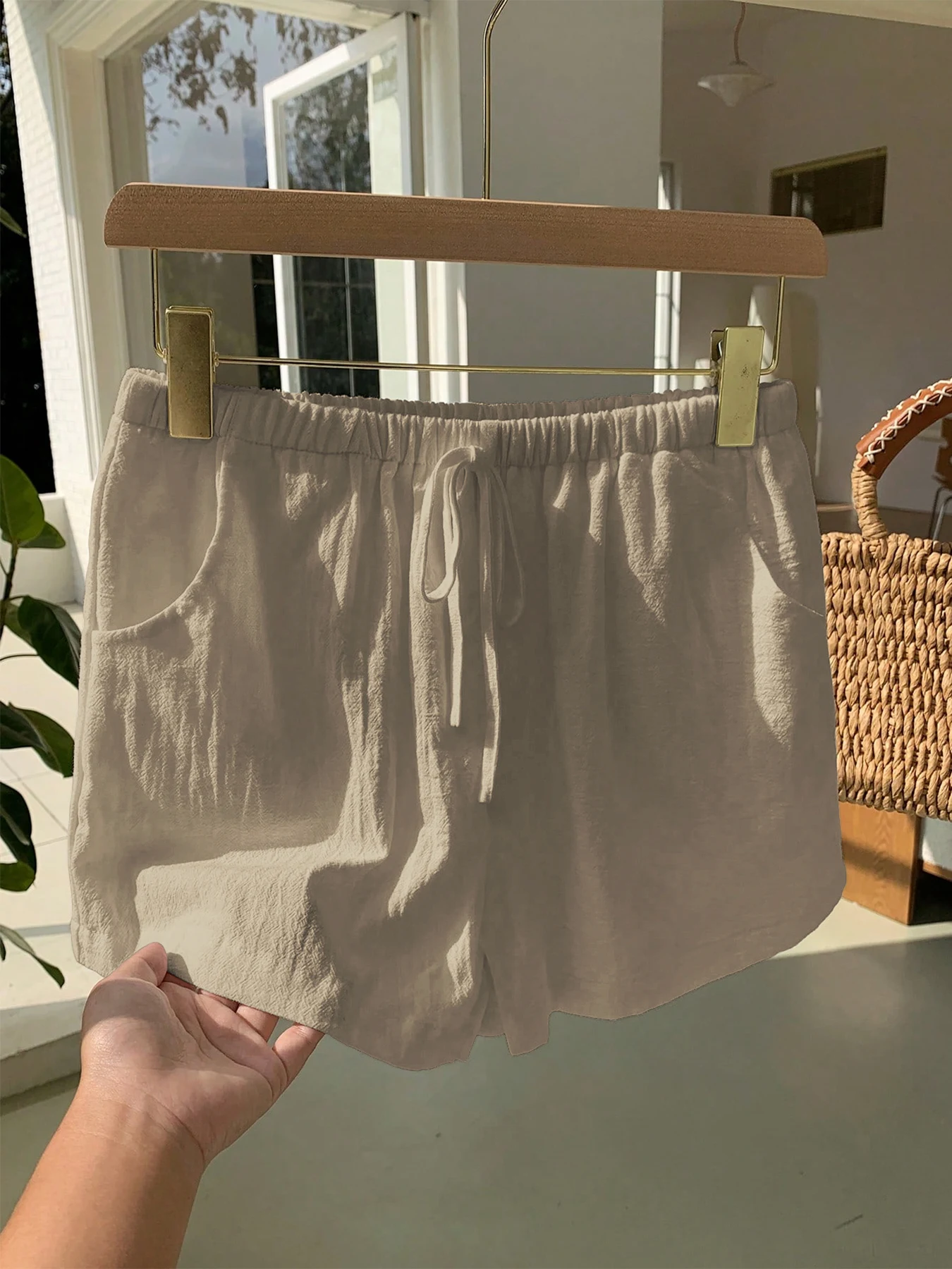 Damen Neue Frühling-Sommer Leinen Einfarbige Lässige Sport-Shorts mit Elastischem Bund und Kordelzug – Detail 17