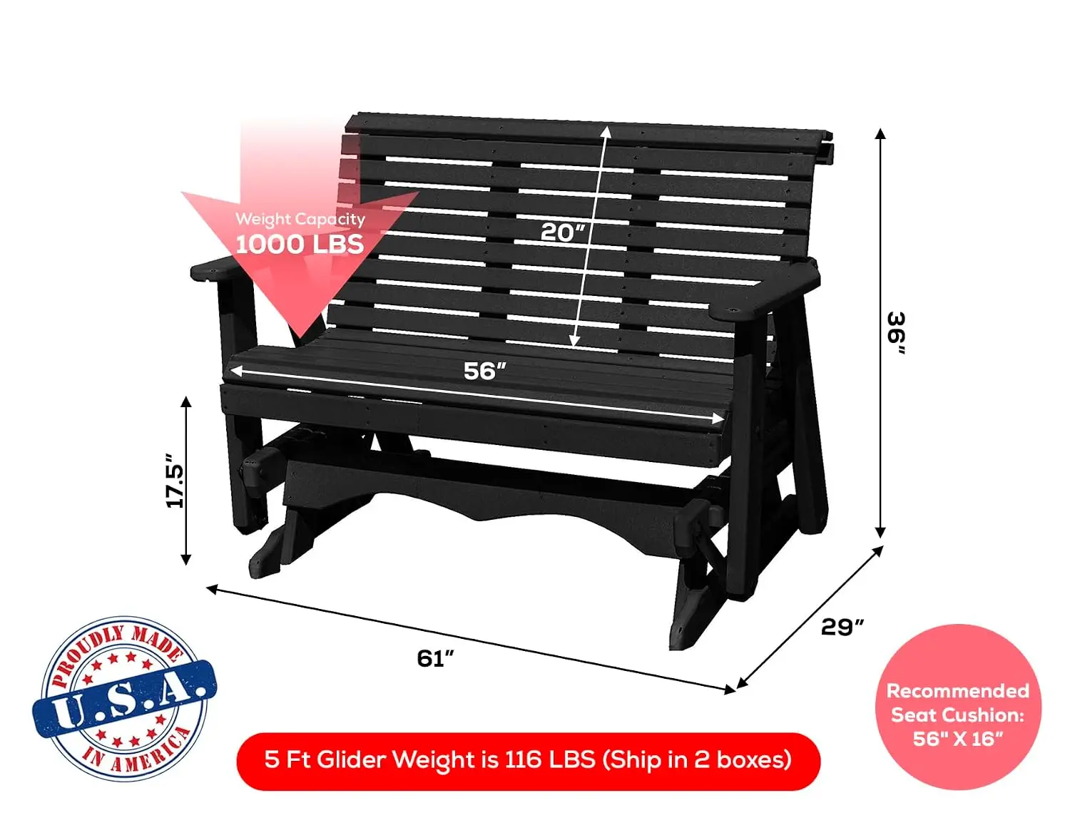 5 FT Black Heavy-Duty Poly Lumber Porch Glider Outdoor Seating Smooth Quiet Glide 1000 lb, Customized