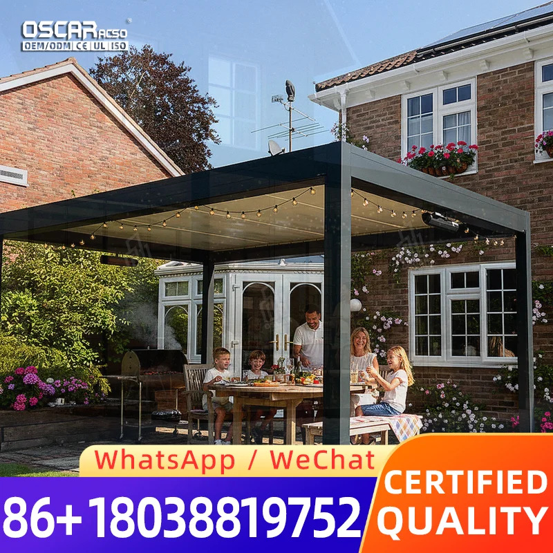 Aluminum Bioclimatic Motorized Louvered Canopy Rainproof Snowproof LED Patio Gazebo Balcony Powder Coated for Outdoor Backyard G