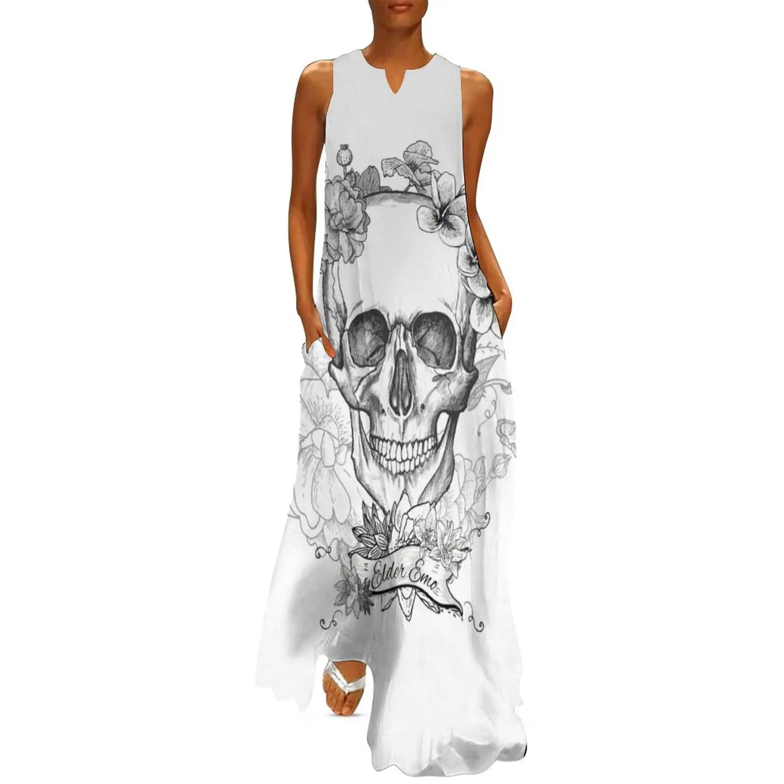 Elder Emo Skull and Flowers Long Dress beach dresses dress women elegant luxury women