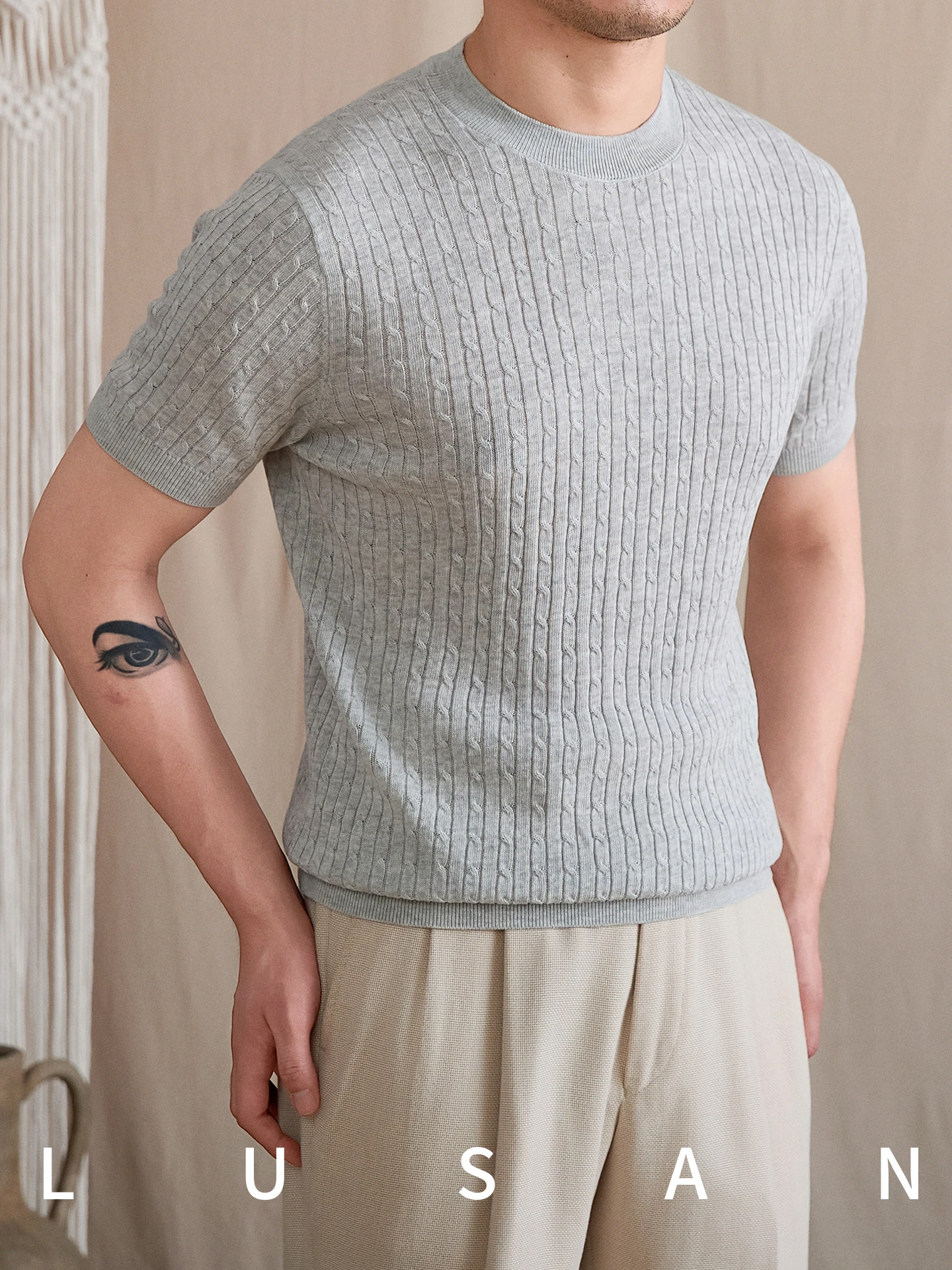High-End All-Match Thin Summer Short Sleeve round Neck T-shirt Men's Retro Japanese Twisted Woven Breathable T-shirt Fashion