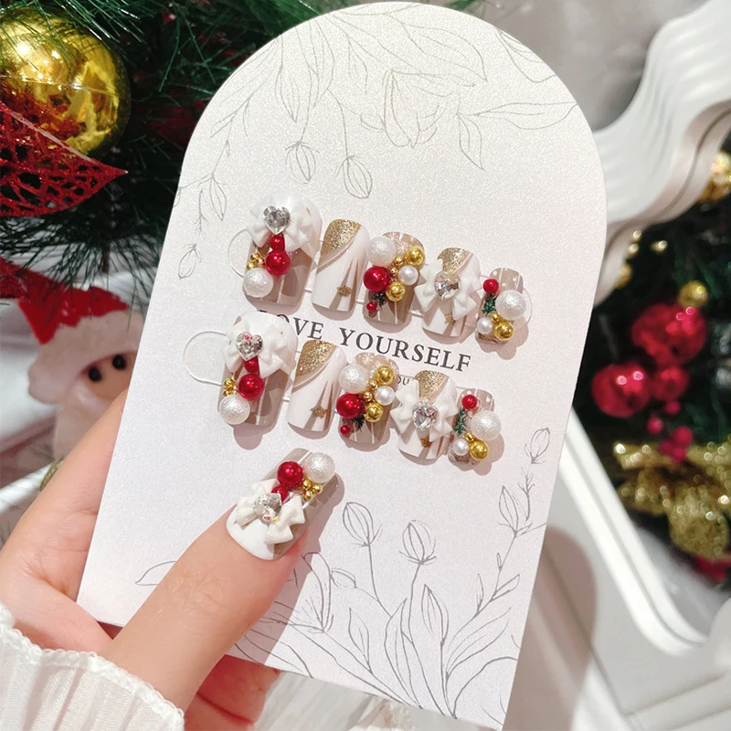 

New 24pcs/box Christmas Party Fake Nails bowknot Wearable Press On Nail Patch Artificial Finger Manicure Wear Nails For Women