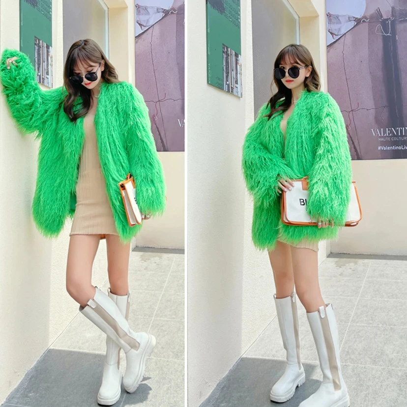 2024 New Fashion Women Boho Fluffy Faux Fur Coat Female Long Sleeve Fur Jacket Candy Color Fluffy Faux Shaggy Sheepskin Coat