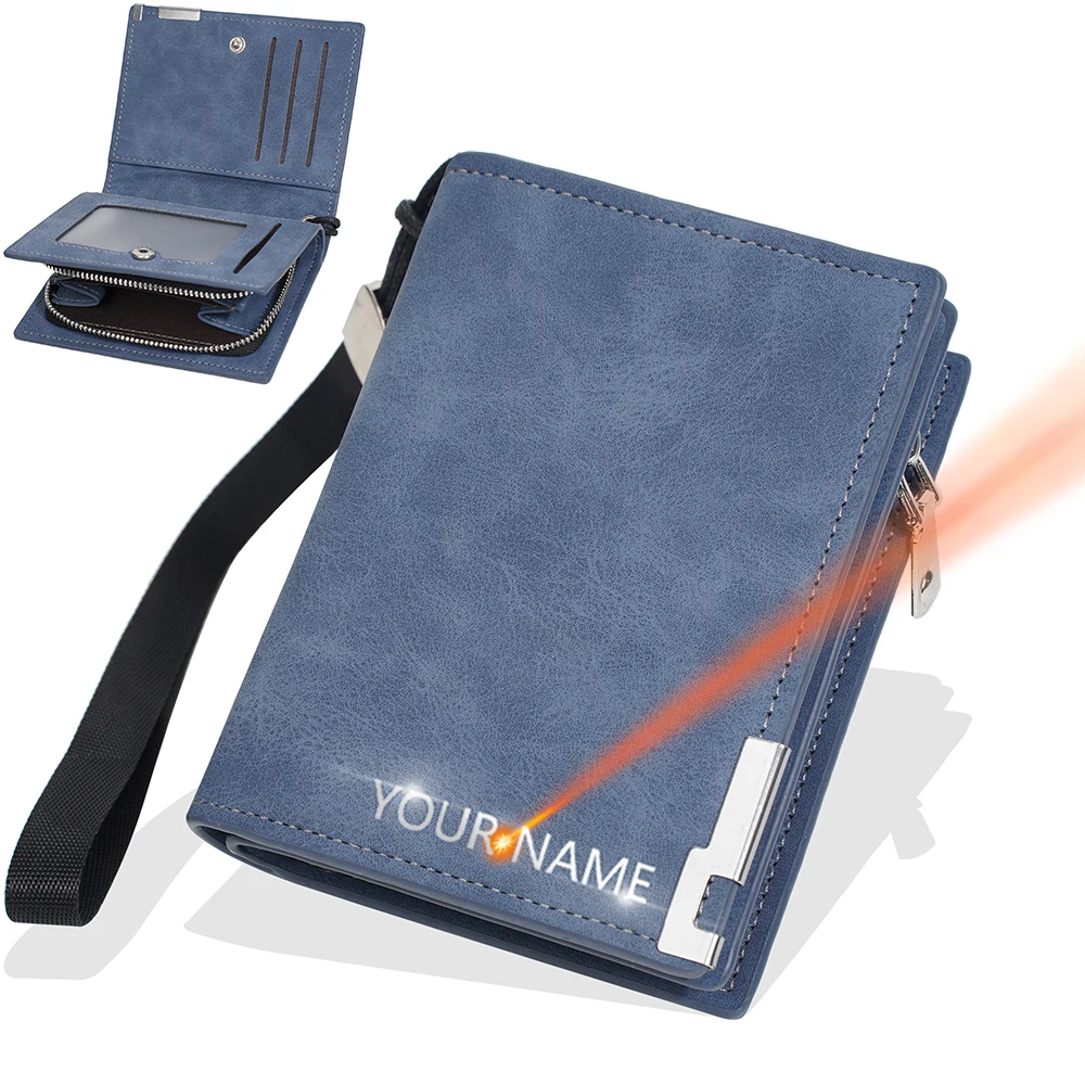 

New Name Engraving Portable Men's Zipper Wallet High-Quality Simple Card Clip Photo Holder Male Coin Purse Credit Card Holders