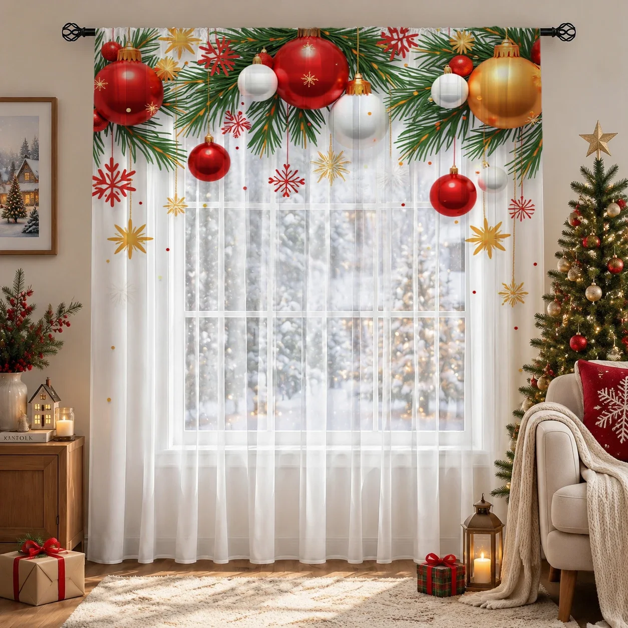 Christmas Day Gradient Sheer Curtain, Good Quality Light Reducing Privacy Voile for Living/Bedroom/Kids Room,Mother's Day Gift