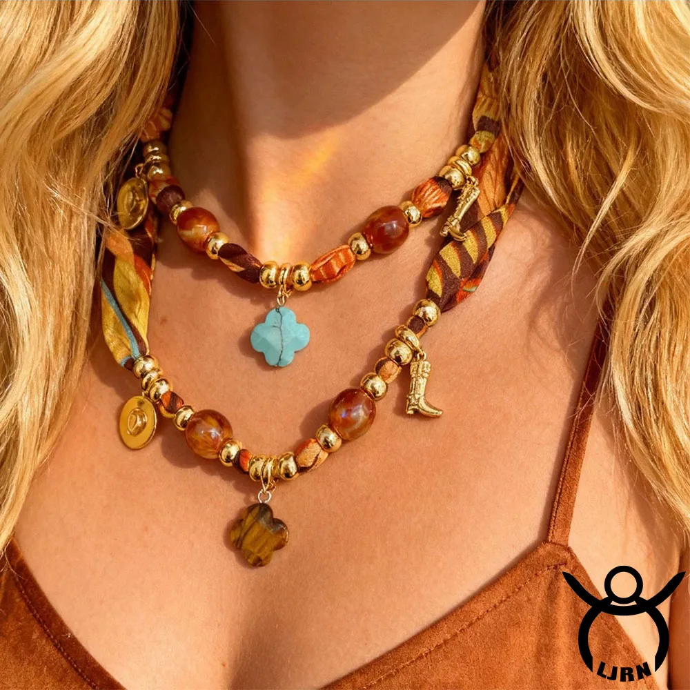 

2025 New Copper Necklace Natural Stone Beaded Rope Chain Retro Multiple Pendants Silk Scarf Choker for Women Jewelry