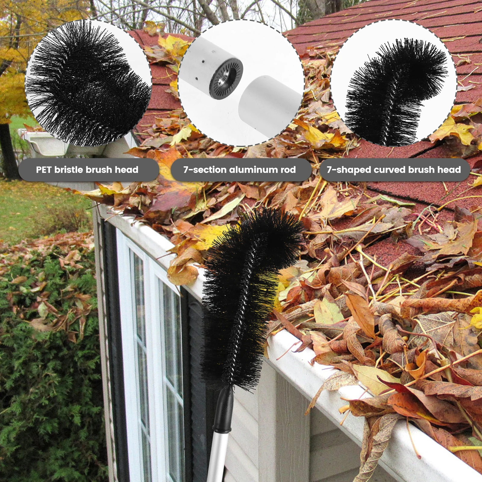 Adjustable Gutter Cleaning Brush Efficient Roofing Gutter Clean Tool with 7/8 Splicing Extension Poles for Easy Removing Leaves