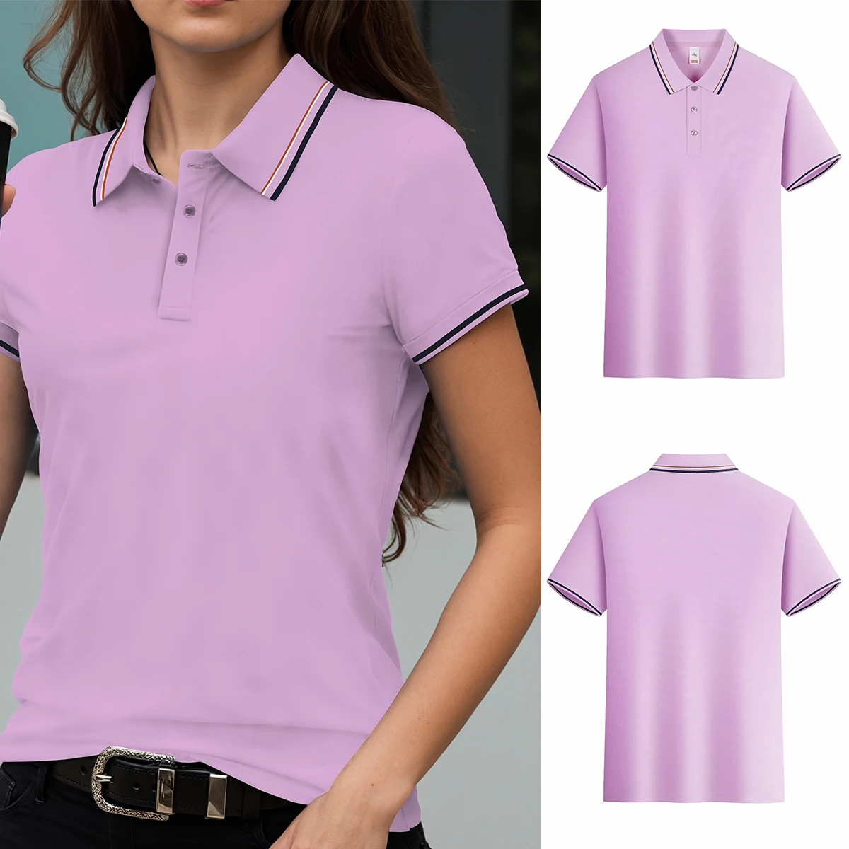 Stripe Solid Color Polo Shirts Sport All-Match Women Short Sleeve Collar Y2K Street T-Shirts  Summer Comfortable Woman Tops