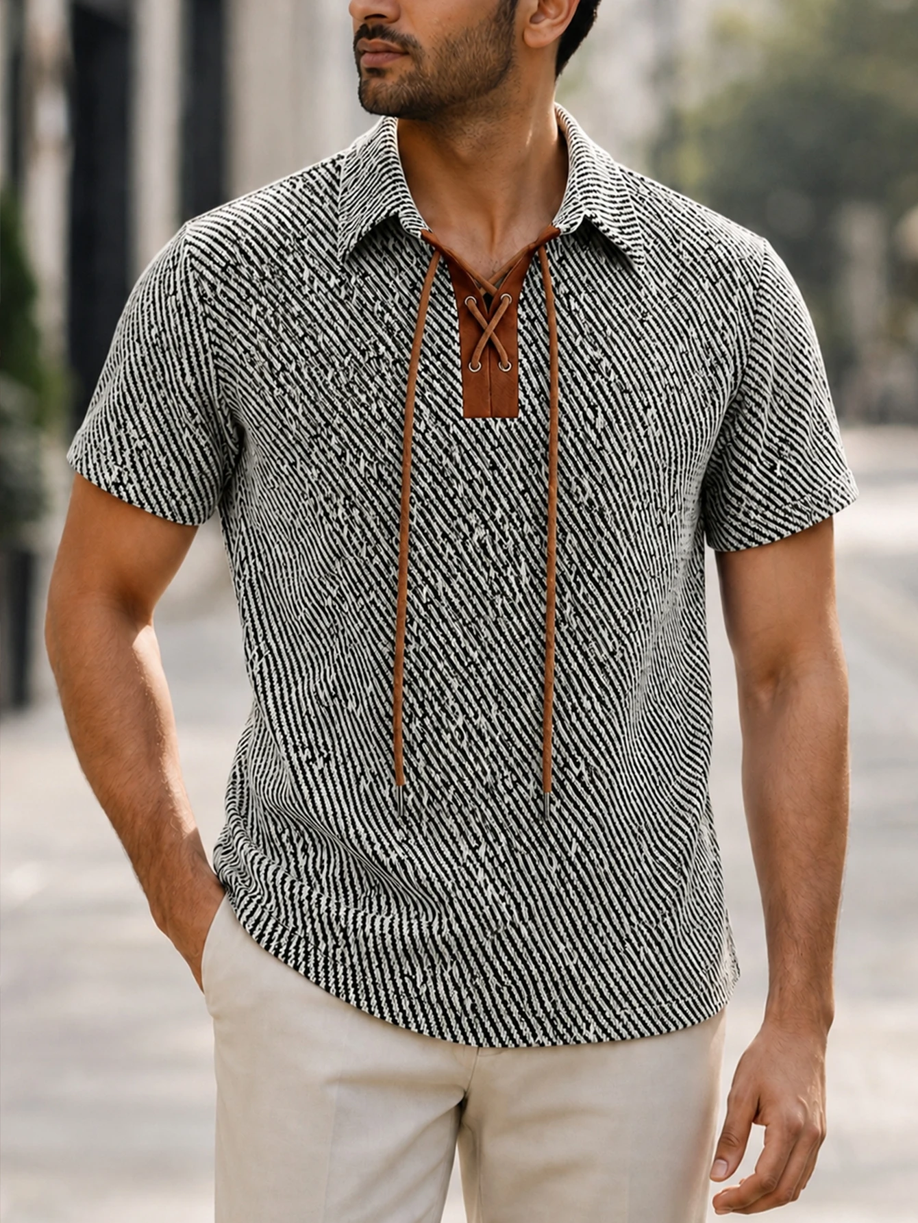 Men's Summer Short Sleeve Polo Shirt Black White Texture Strap Lace up Fashion Daily Vacation Casual Top