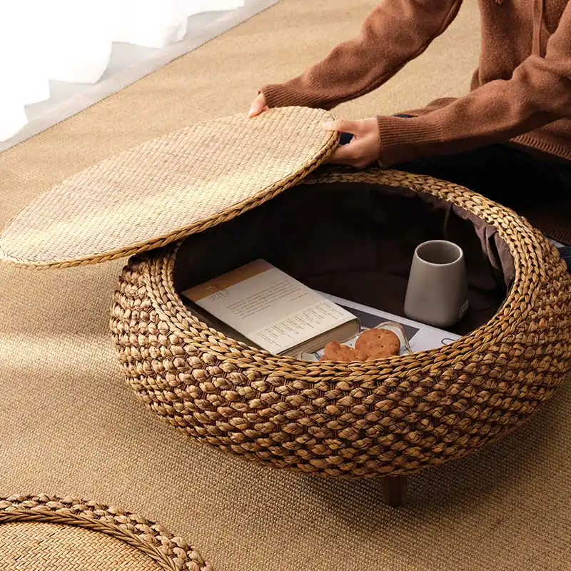 

Tatami Tea Table with Storage – Retro-Style Rattan Weaving Japanese Floor Table Low-Level Chabudai with Hidden Compartment