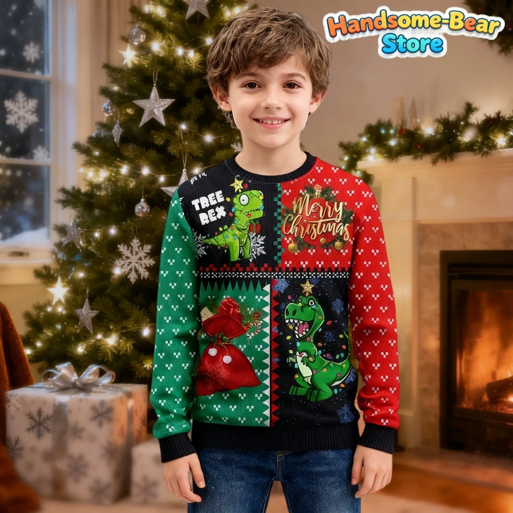 Funny Tree Rex Christmas Ugly Sweatshirt New Fashion Cartoon Dinosaur Graphic Hoodies for Girls Clothes Xmas Boys Gift Kids Tops