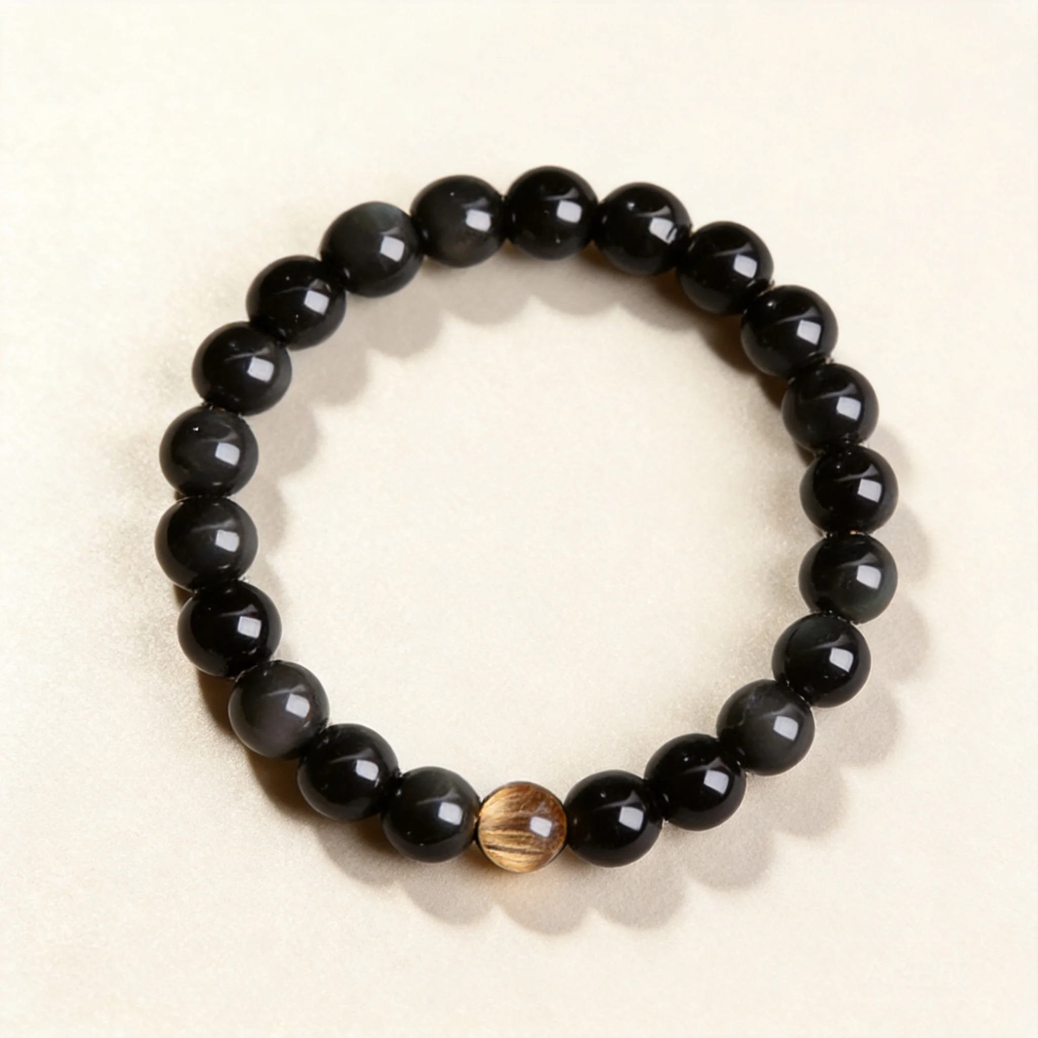 Chinese Style Lucky Blessing Natural Obsidian 8.5mm Single Loop Bracelet With Golden Rutilated Quartz Bead Unisex Attract Wealth