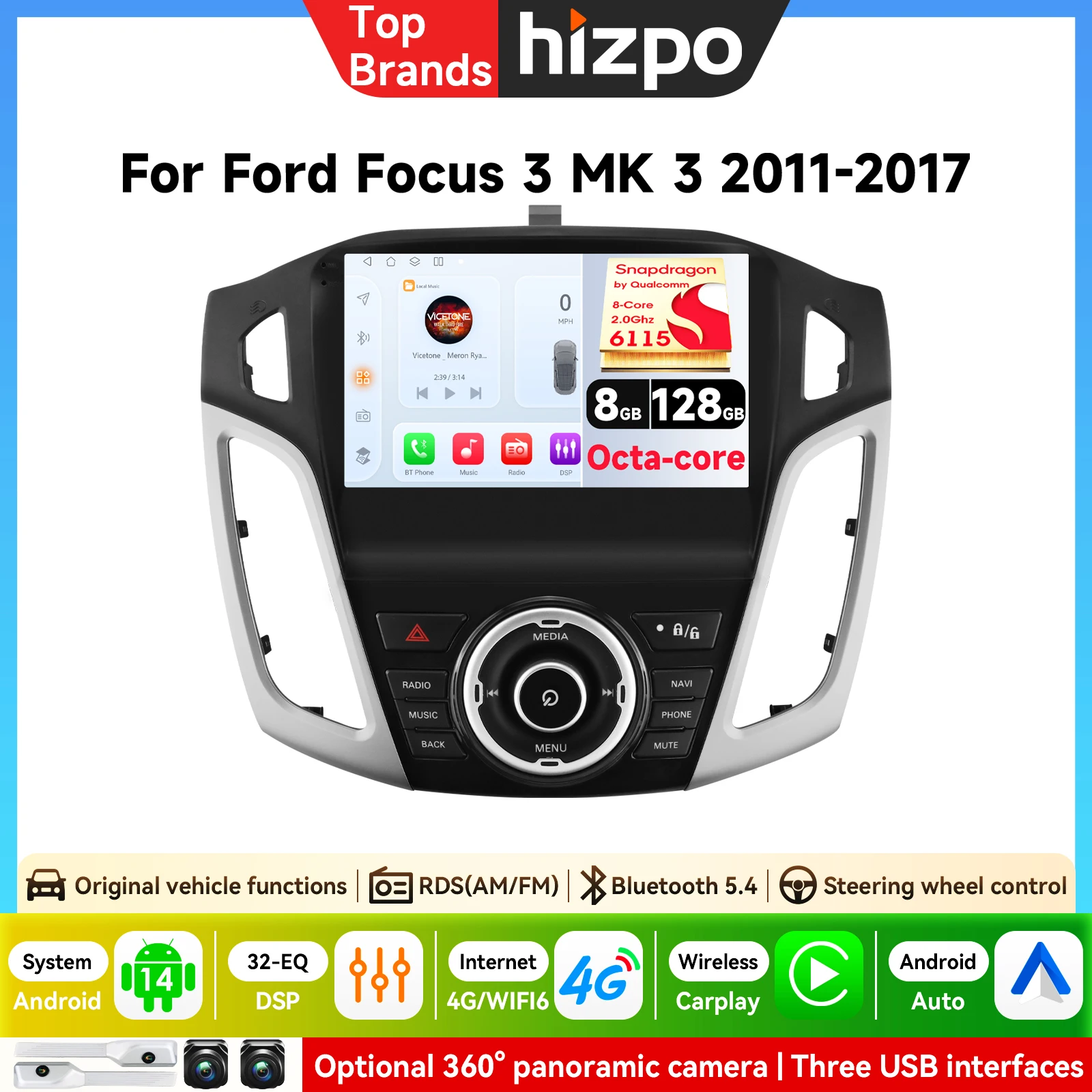 Radio samochodowe 2DIN z Androidem do Forda Focusa 3 MK3 2011 - 2019, GPS Navi, Carplay, inteligentny ekran, autoradio 2din, kamera 360.