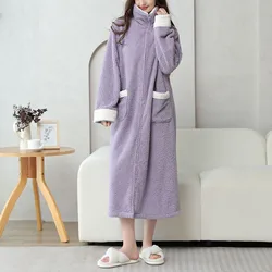 Womens Winter Warm Robe Full Zipper Bathrobes Ladies Housecoat Plush Fleece Warm Sleepwear Long Pajamas Nightgown Gifts