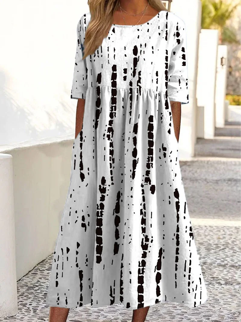 Robe ample à imprimé floral pour femmes, col rond, manches courtes, poche, Europe et États-Unis, nouvelle mode, été, 2024