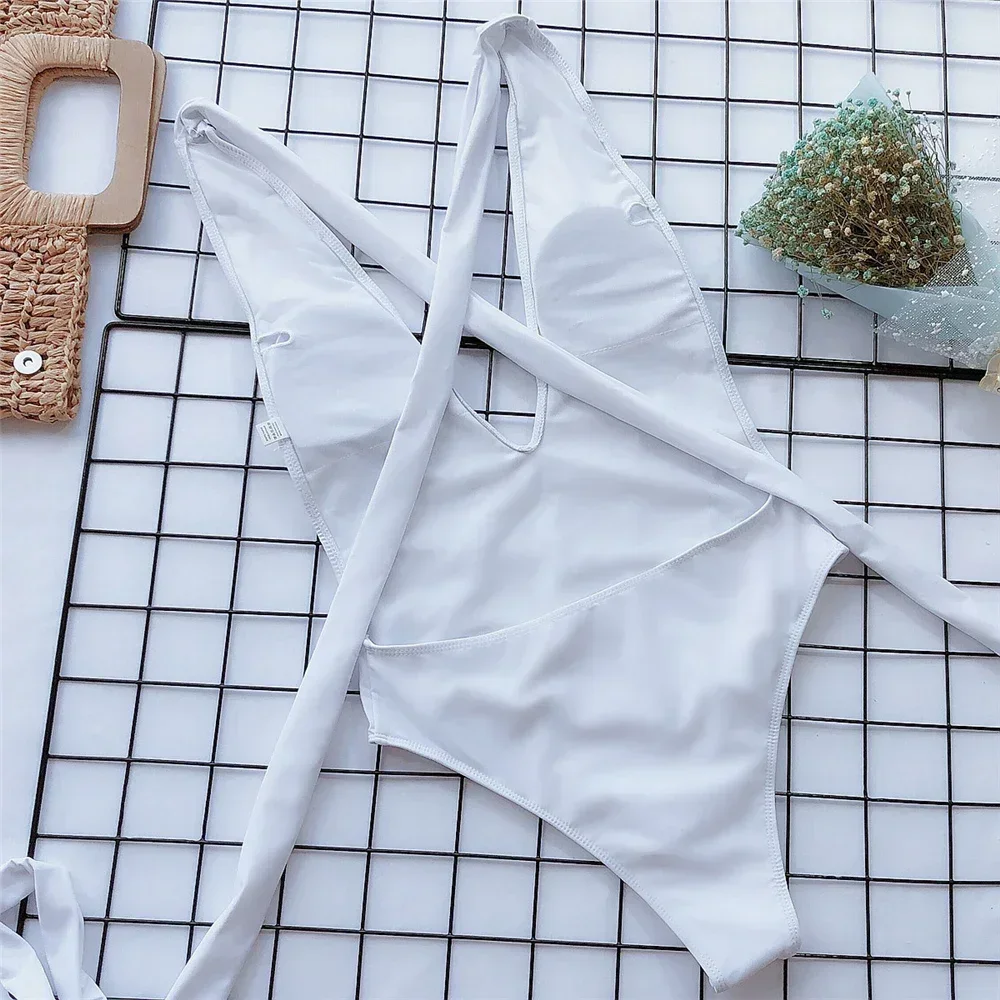 Sexy Red Cross Bandage Backless Swimwear One Piece Swimsuits Woman 2025 Knotted Straps Swimming Bathings Suit V Neck Bodysuits