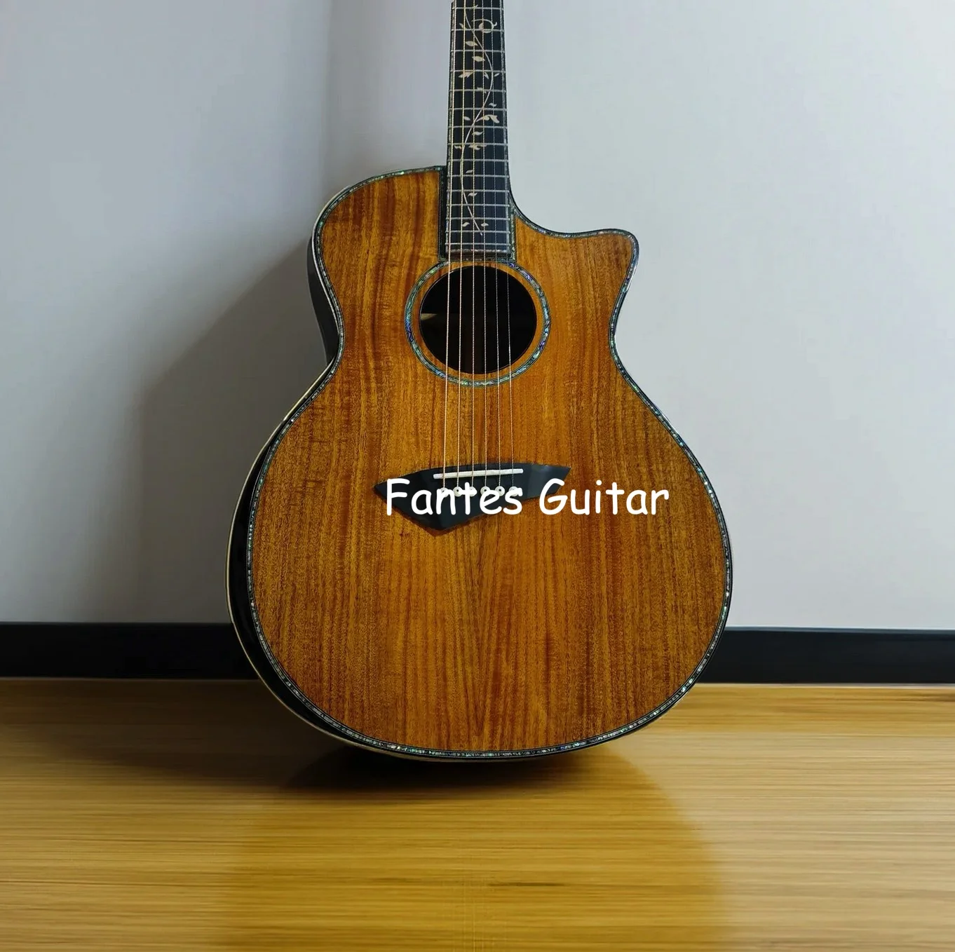 Custom Cutaway All Solid Koa Wood Back Side Handmade Deluxe Acoustic Guitar with Flamed Maple Neck
