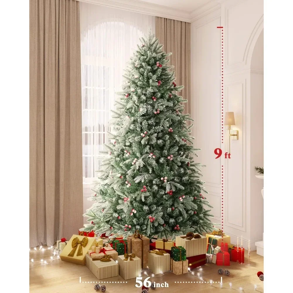 9ft Flocked Christmas Tree , Prelit Christmas Tree with 1000 Lights, with 2255 PVC PE Branch Tips, Hinged Artificial Xmas Trees