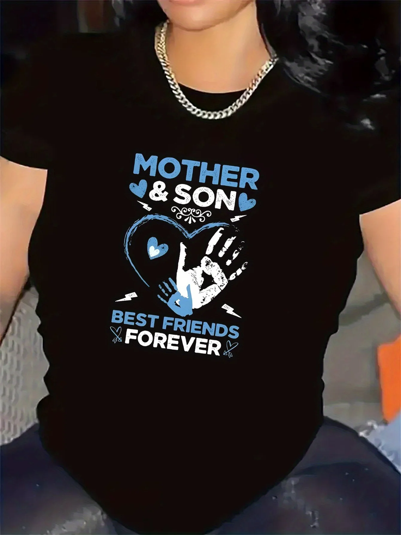 Ladies' Humorous Mother and Son Forever Good Friends Pattern T-shirt Black Casual Breathable Round Neck Top