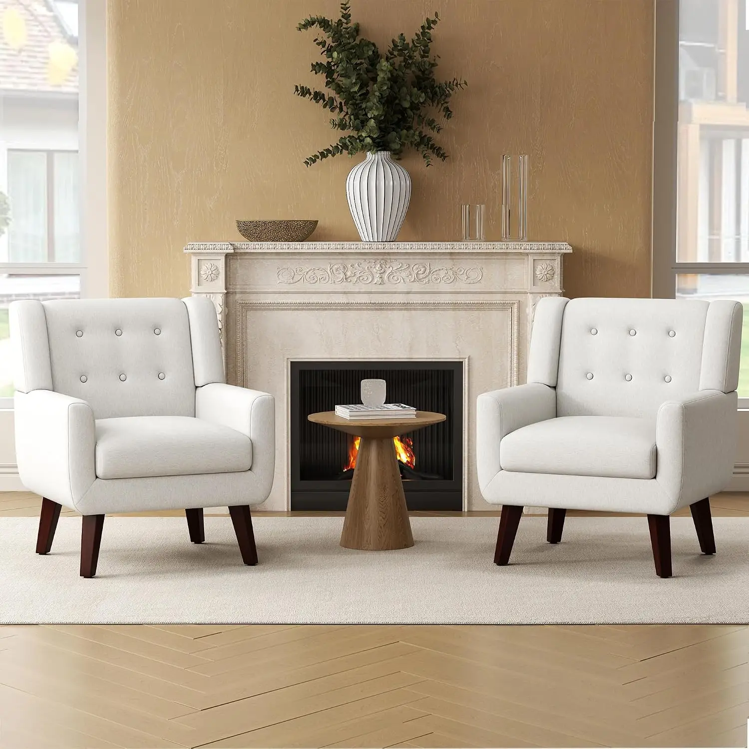 Linen Accent Armchair Mid Century Tufted Upholstered Reading & Vanity Chair Living Room Bedroom 2-Seater Beige, Customized