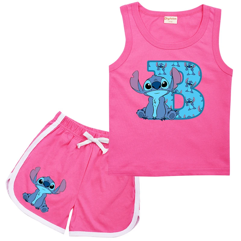 

New Stitch Children Sports Suit Letter A B C D Kids Girl Boy Vest & Shorts Disney Casual Clothes Kawaii Cartoons Sleeveless Sets